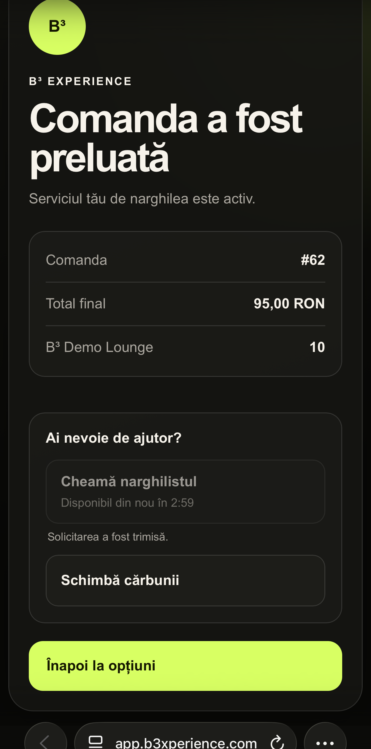 Comandă preluată: Cheamă narghilistul și Schimbă cărbunii.