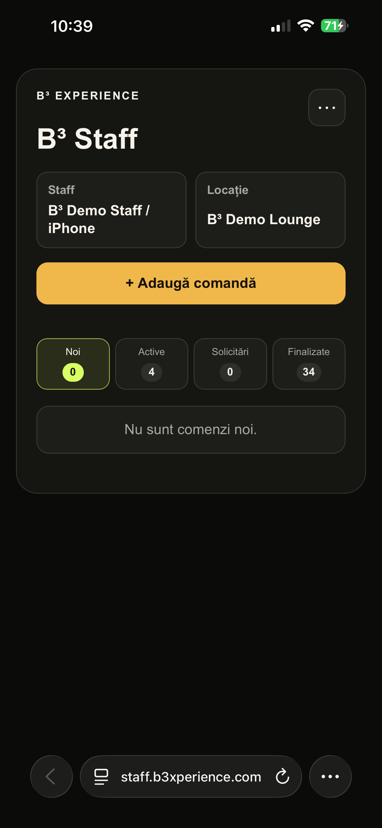 Ecran real B³ Staff: Noi, Active, Solicitări și Finalizate.