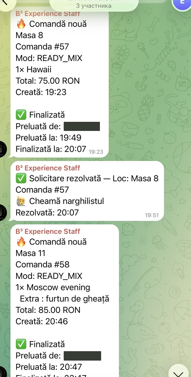 Mesaje reale B³ în Telegram: comenzi finalizate și solicitare rezolvată. Numele este mascat.
